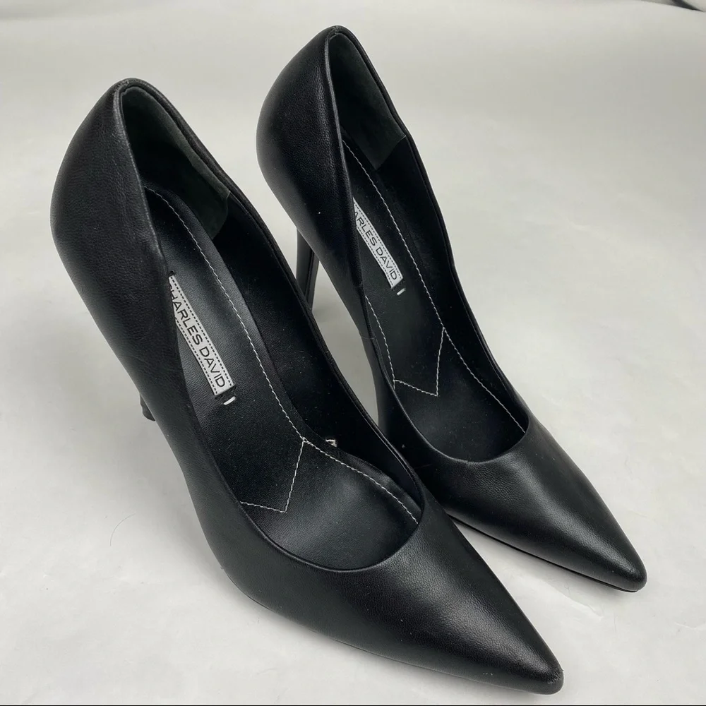 EUC-Charles David Black Leather Pointy Toed Pumps, Size 10 - Picture 6 of 12